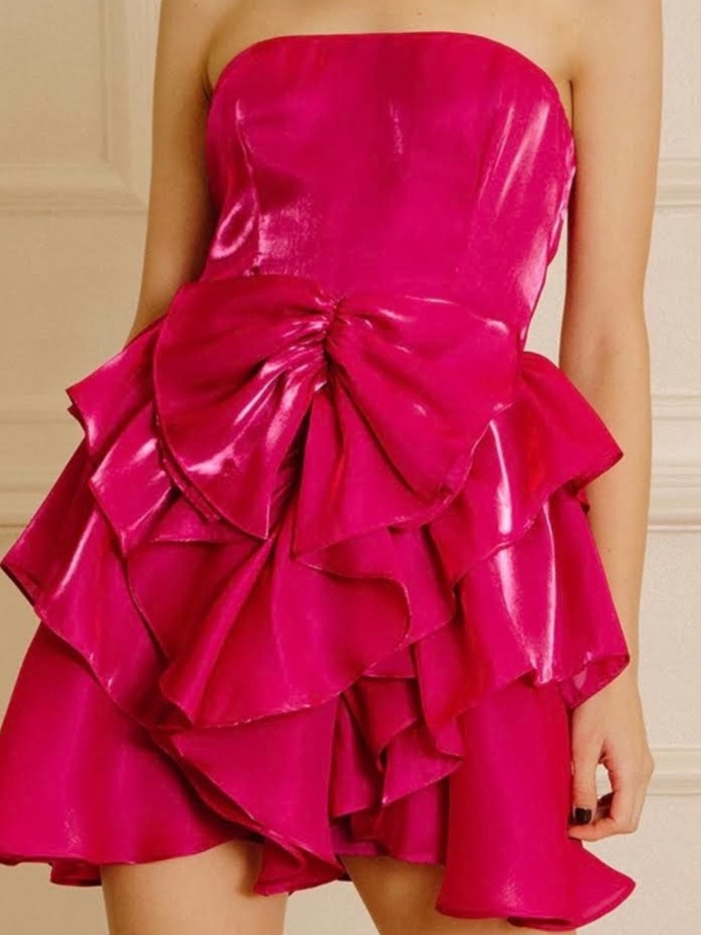 NWT Storia Hot Pink Strapless Ruffled Bow Party Dress M